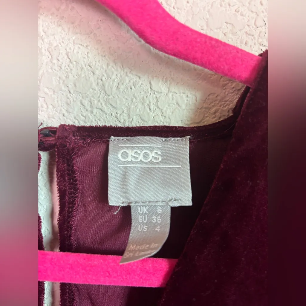 ASOS Design Maroon Burgundy Velvet Drape Long Sleeve Faux Wrap Mini Dress 4 - Image 3