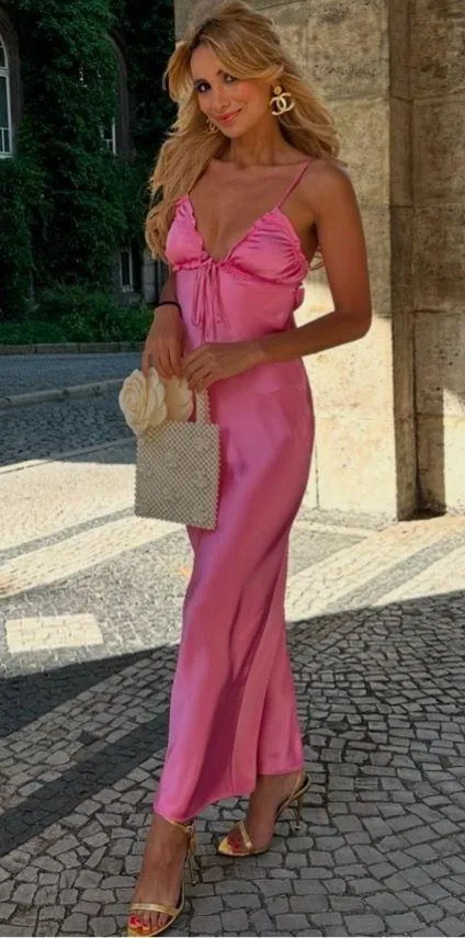 Zara maxi dress hot satin pink ruffled party Valentine’s date wedding - Image 13