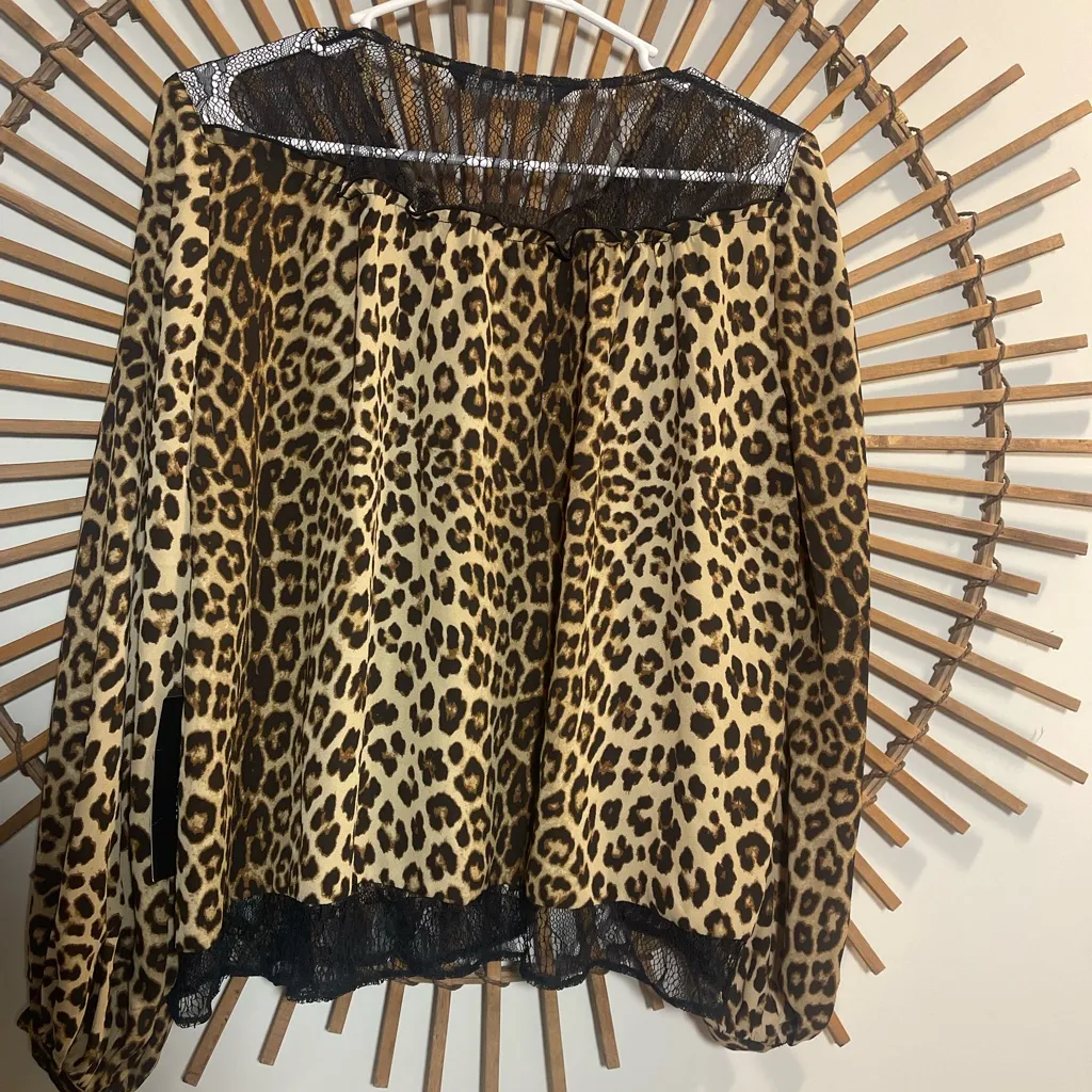 Zara Womens Leopard Print Long-sleeve Top w: Black Lace Detail Flowy Loose NWT - Image 12
