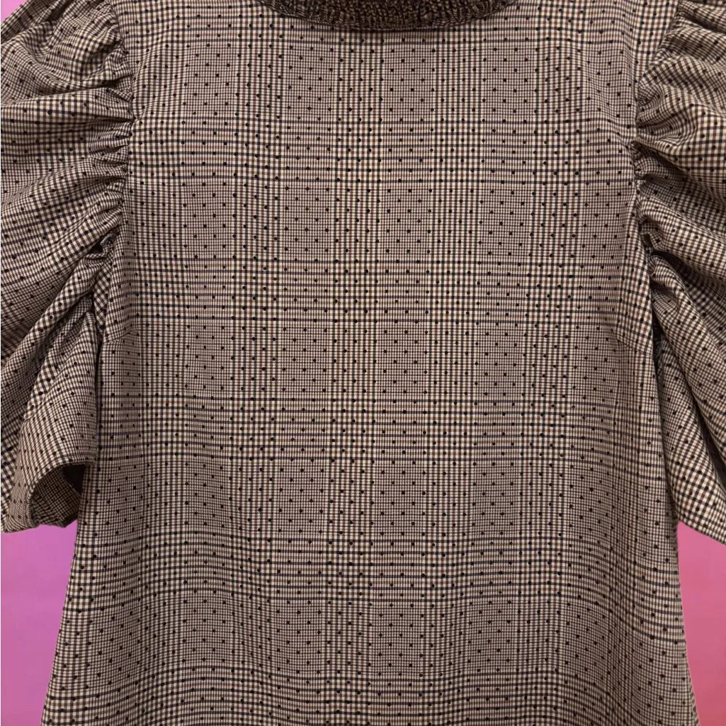 Zara Brown Plaid & Polka Dot Puff-Sleeve Babydoll 60s Style Shift Dress - Medium - Image 9