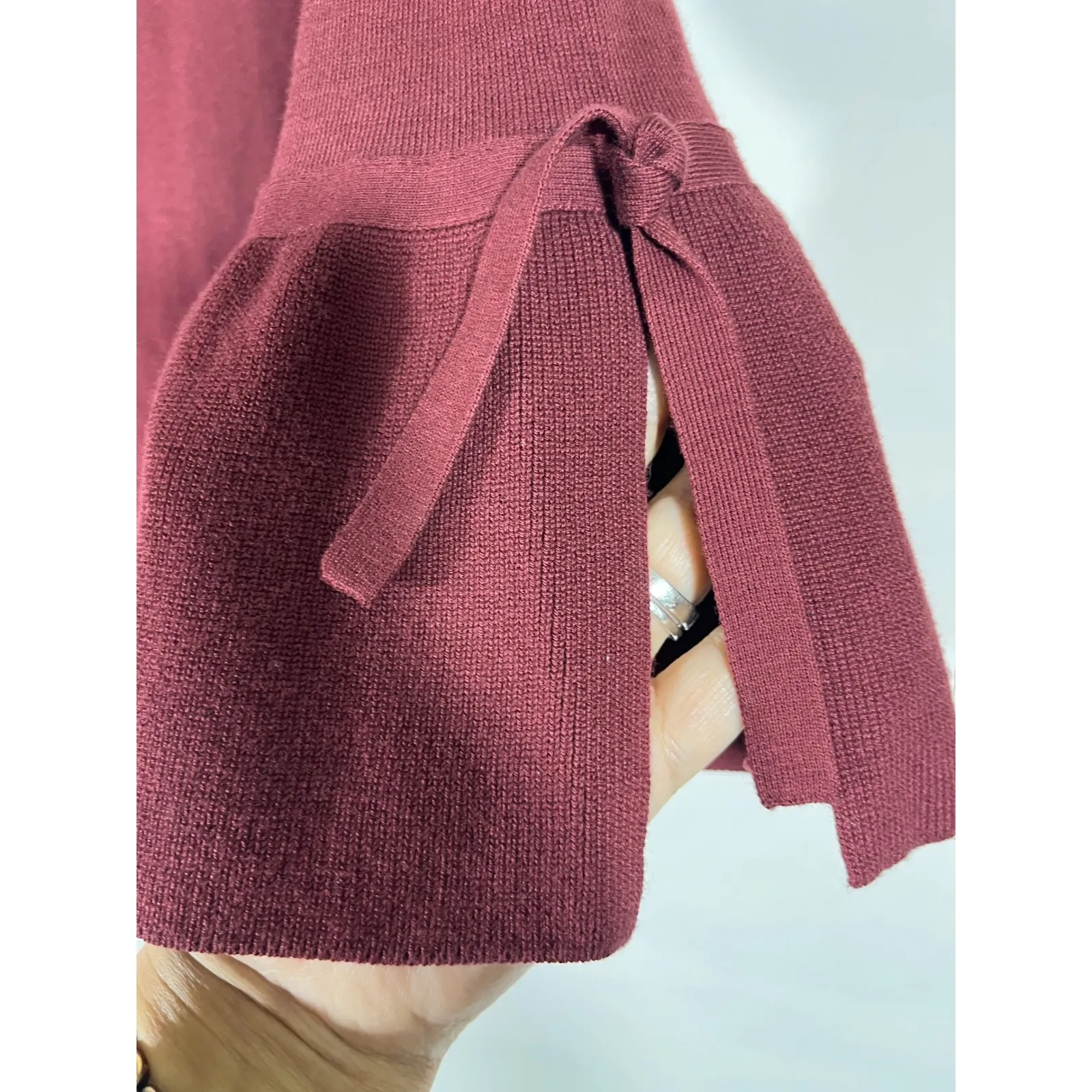 LOFT Outlet Knit Bell Sleeve Tie Detail Sweater Top Office Burgundy Women's M Red Size M - Image 5