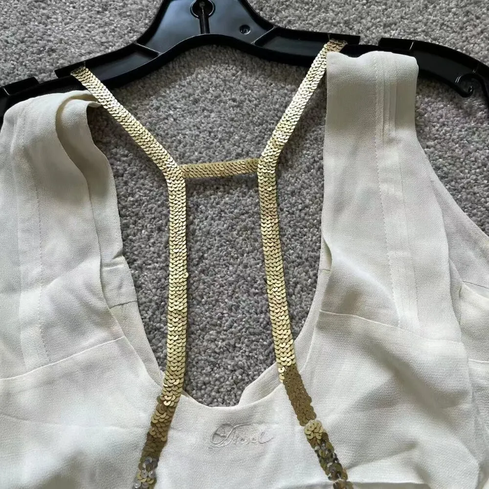 Diesel Womens Sequins Sexy Clubwear Top Sleeveless Tank Cami Size XXS Lvory - Image 5