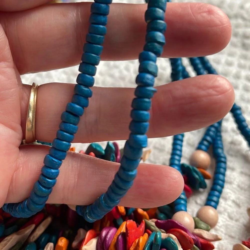 Vintage 3 strand painted stone beaded necklace, boho festival hippie Blue - Image 6
