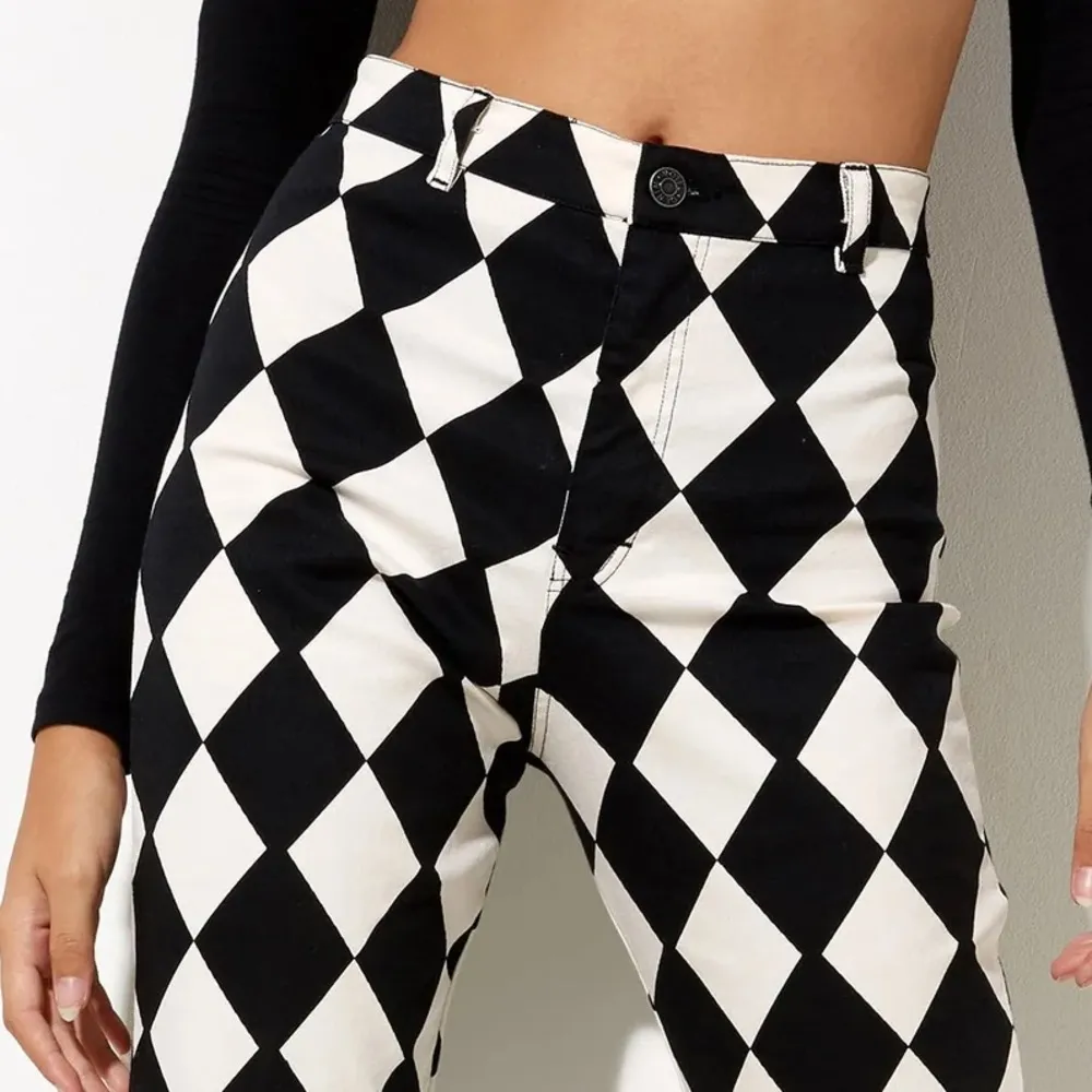 Motel Rocks Zoven Harlequin Black & White Flare Trousers - Image 3