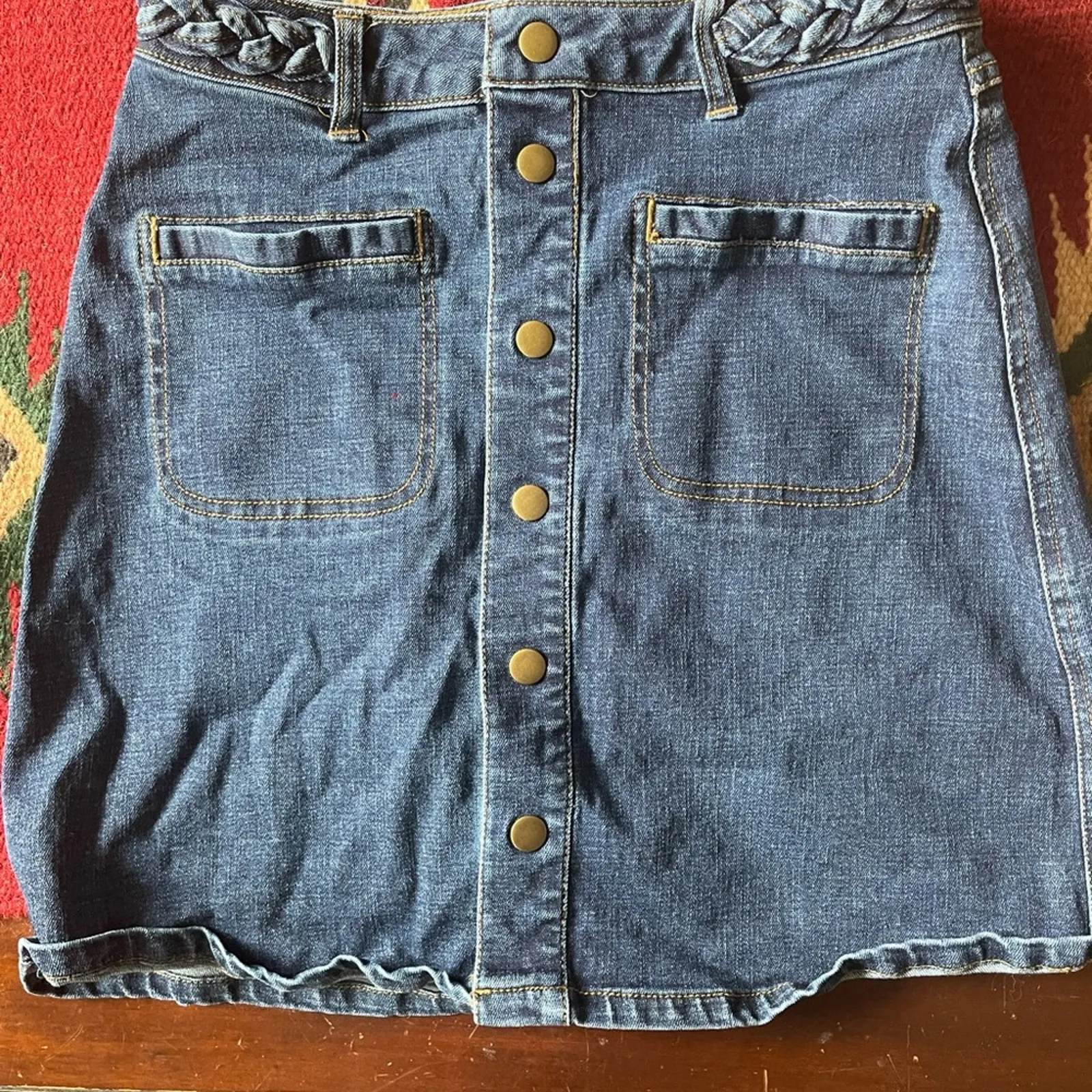 Harper Womens Denim Skirt Mid Rise Size Small braided belt Button Closure - Image 1