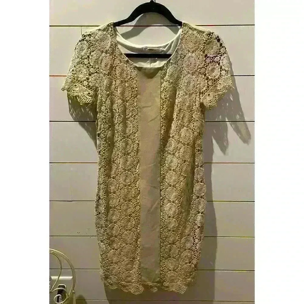 Anthropologie Bailey 44 Tan Lace and Vegan Leather Panel Dress, size small - Image 10