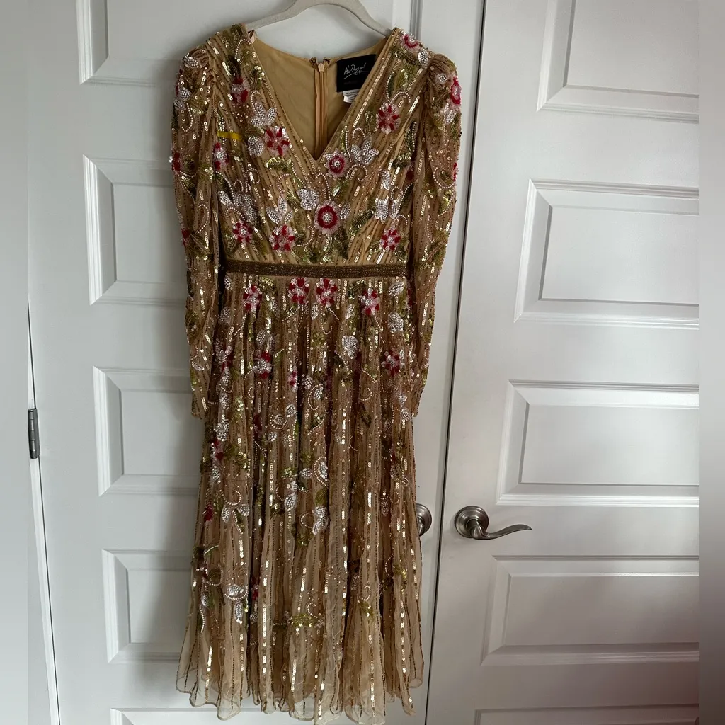 Mac Duggal 5580 Floral Embellished Wrap Over Puff‎ Sleeve A Line Midi Gown 4 NWT - Image 4