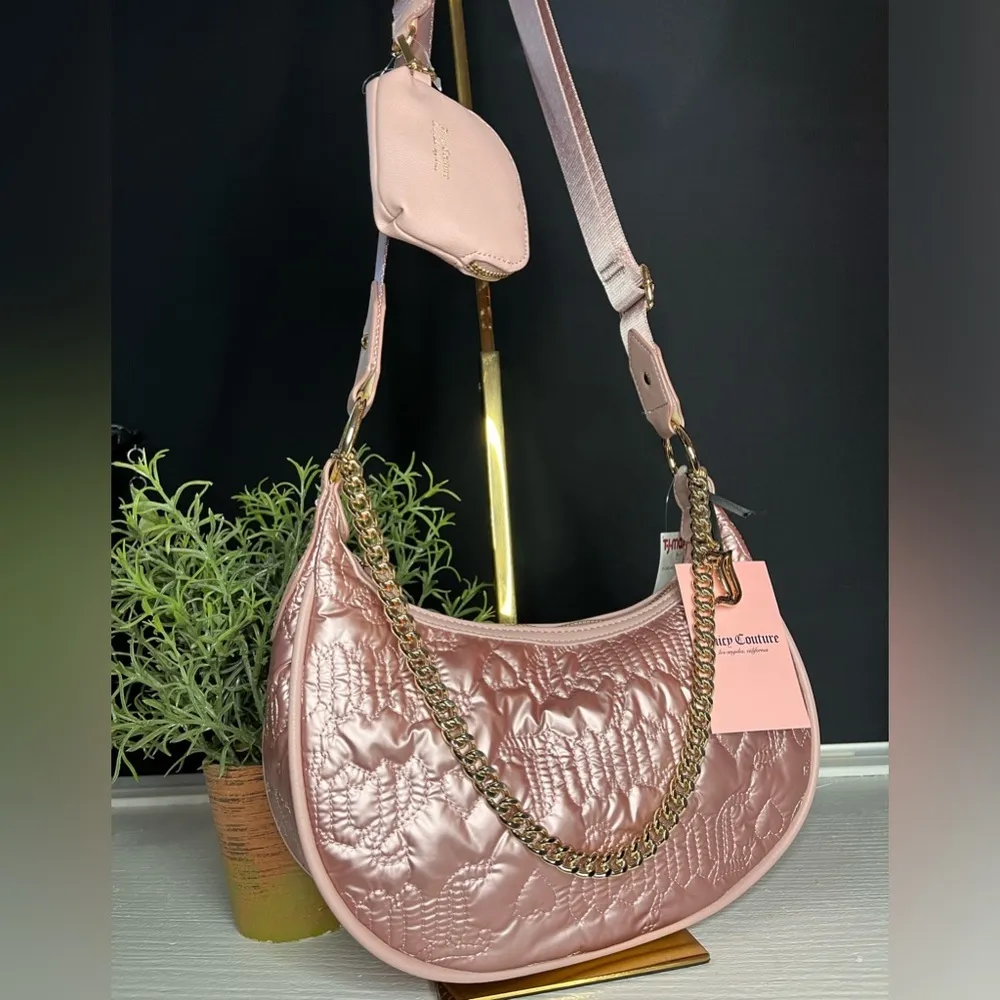 Juicy Couture Dusty Blush Half Moon Quilted Crossbody Bag w Coin Purse NWT Gold - Image 4