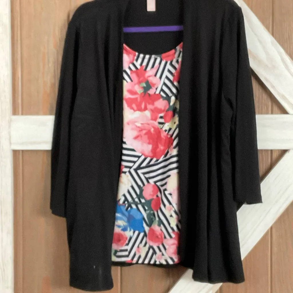 White Stag Black Cardigan with Attached Floral Striped Top P2P 25 - Image 3