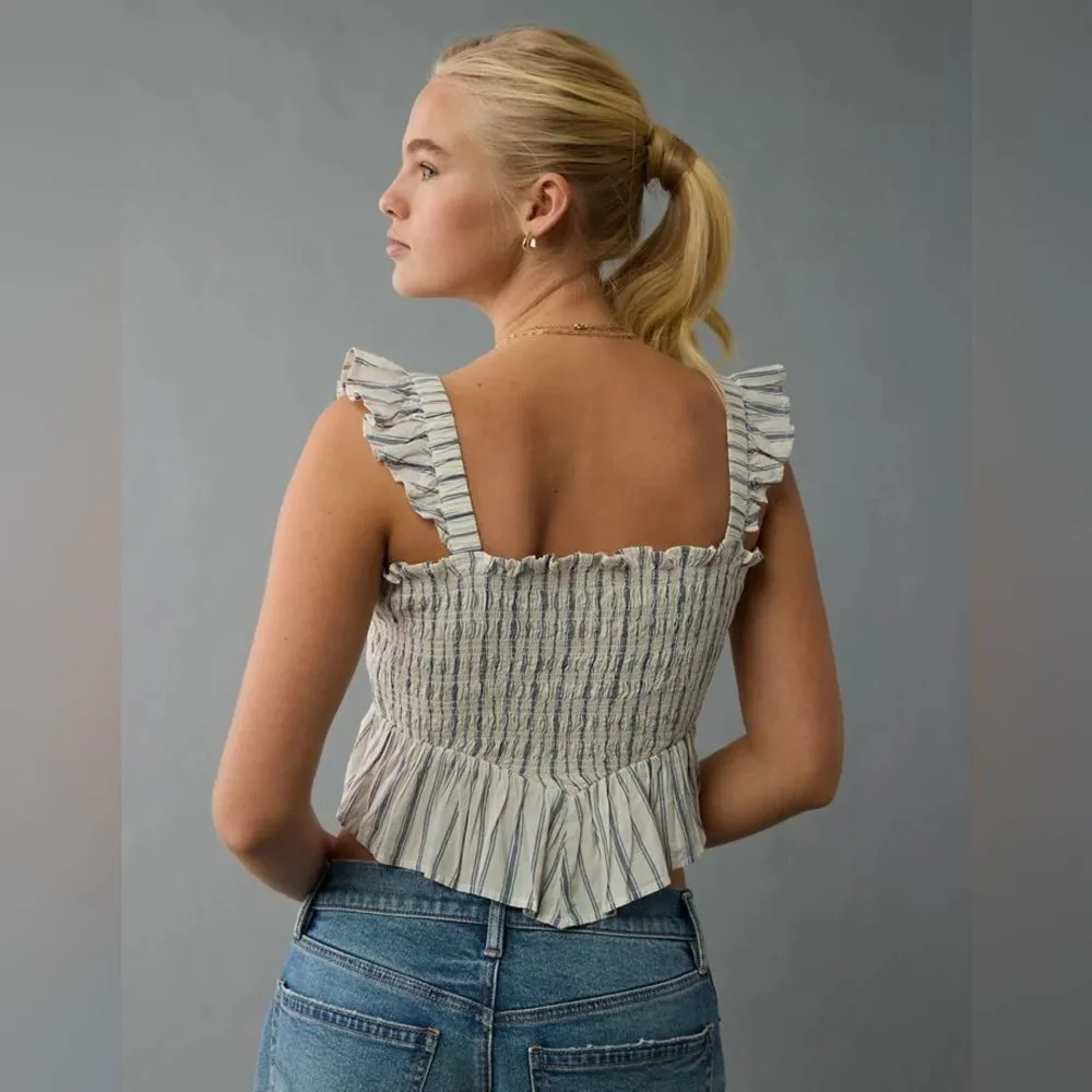 American Eagle Outfitters Bella Cream Smocked striped semi crop top size Small # - Image 2