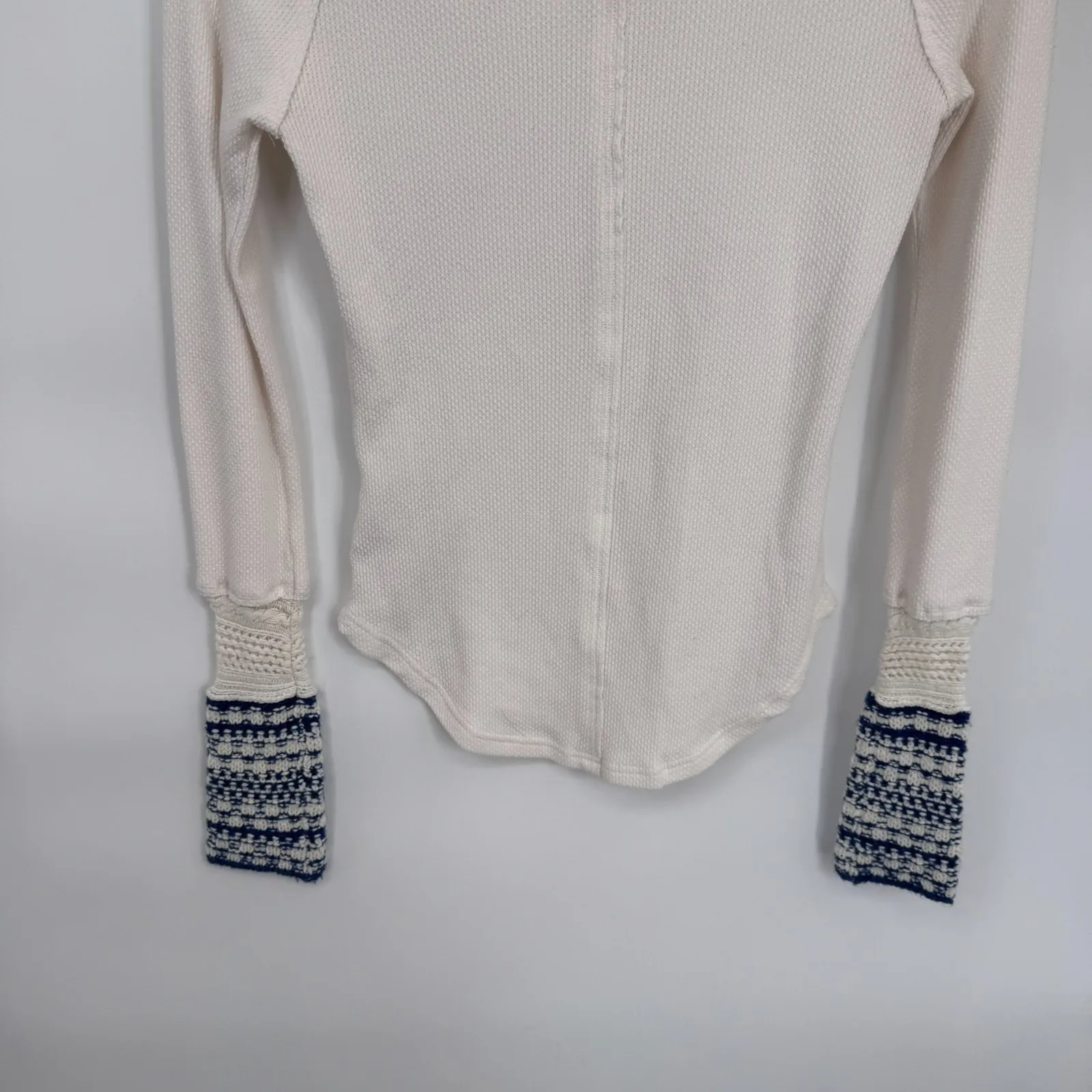 Free People Alpine Cuff Sleeve Thermal Henley Waffle Knit Women's S White Blue - Image 10