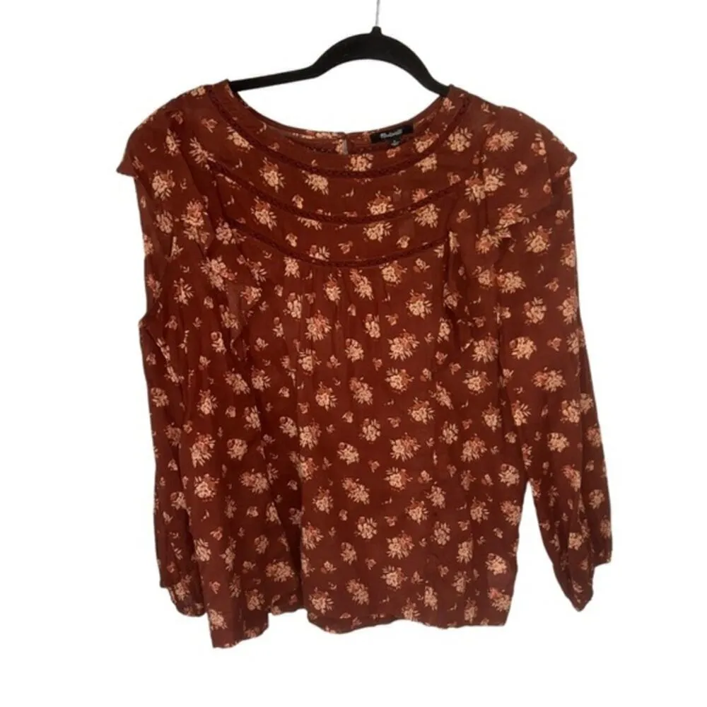 Madewell Ladder-Trim Ruffle Red Floral Print Top in Homestead Bouquet Sz M NWT - Image 3