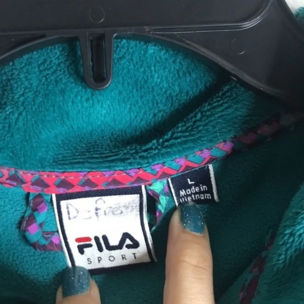 Retro FILA furry teal fleece with neon shoulder design size large - Image 5