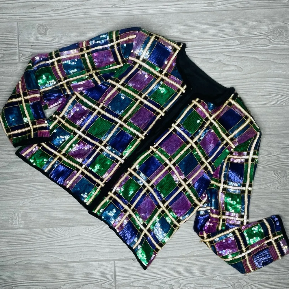 Vintage sequin / silk color block shiney blazer jacket unique era style shirt Blue - Image 16