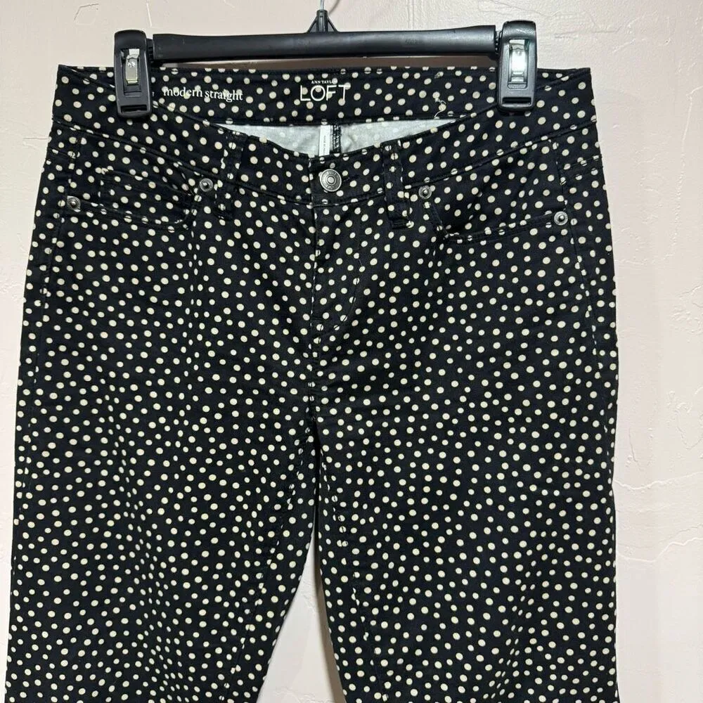 Ann Taylor Loft Womens Black Tan Polka Dot Modern Straight Leg Casual Pants Size - Image 2
