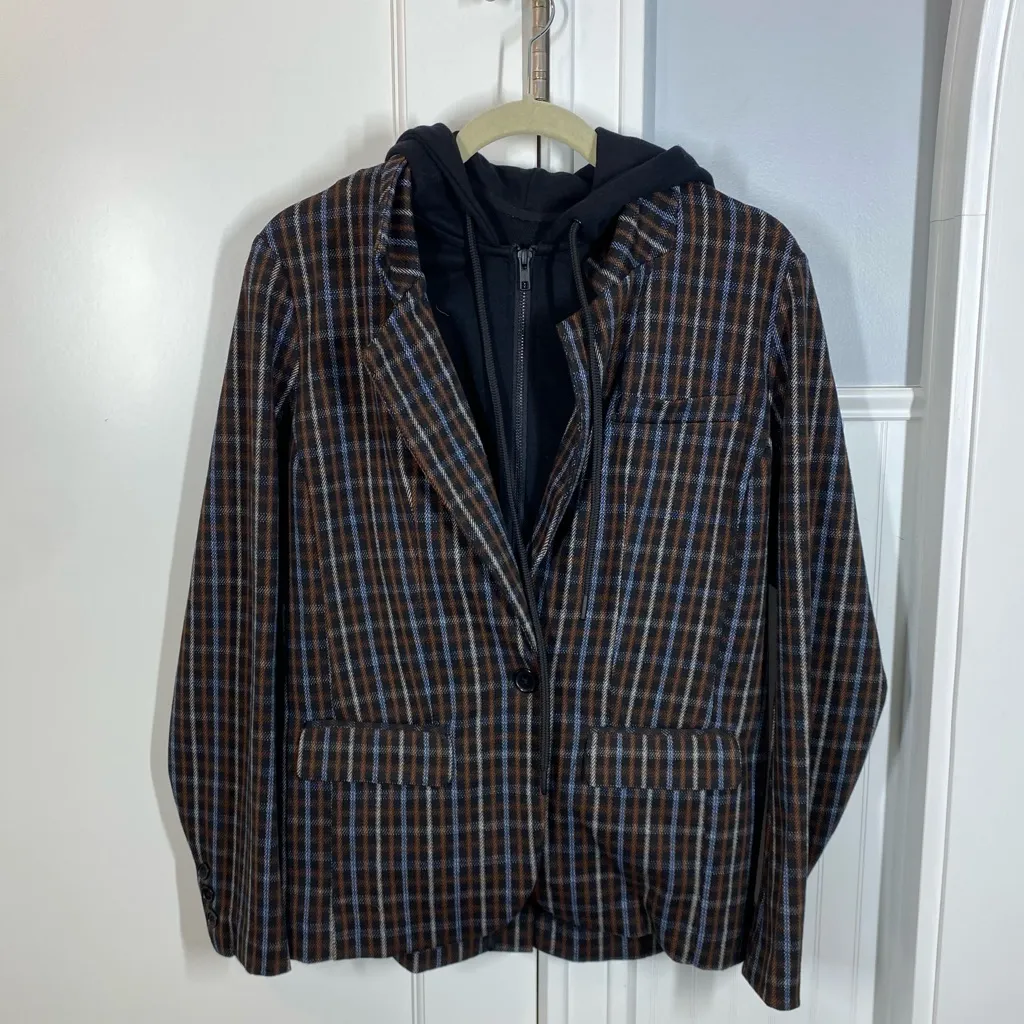 Liverpool Dickey jacket Blazer brown tan blue plaid size medium - Image 2