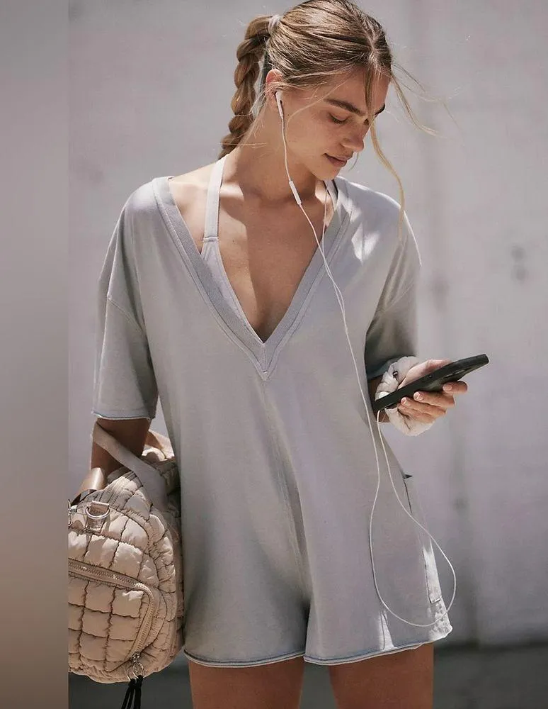 NEW! $60 FREE PEOPLE Movement Size M HOT SHOT TEE ROMPER ONESIE Washed Black - Image 10