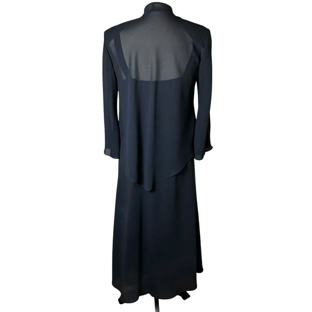 R&M Richards 2 Piece Black Beaded Evening Dress 6P | Ruffle Slit Lined Chiffon - Image 2