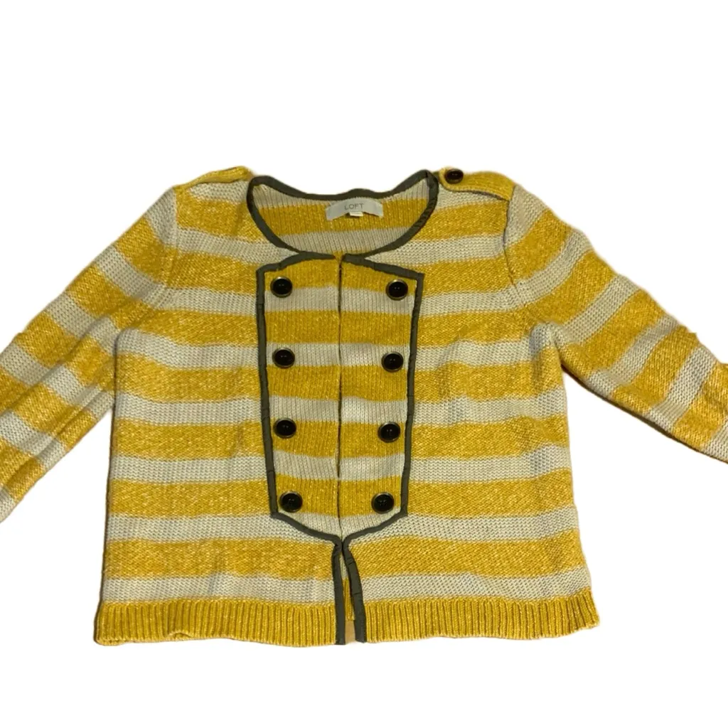 LOFT MUSTARD YELLOW, BEIGE & GRAY STRIPED COTTON CARDIGAN SWEATER (M) - Image 8