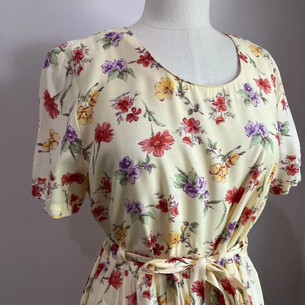 Vintage Karin Stevens Butter Yellow Floral Waist Tie A Line Dress Size 12 - Image 4