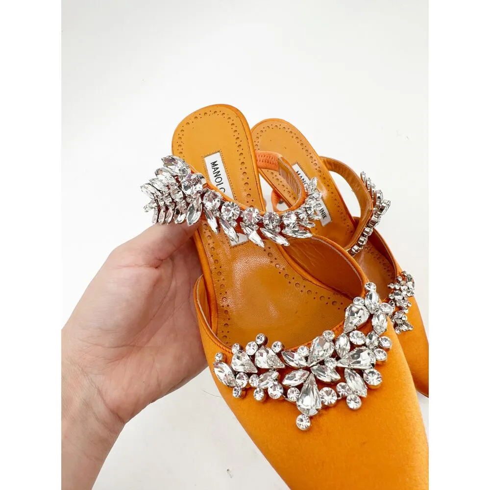 Manolo Blahnik Orange Satin Crystal Embellished 90 Mules 39.5 - Image 5