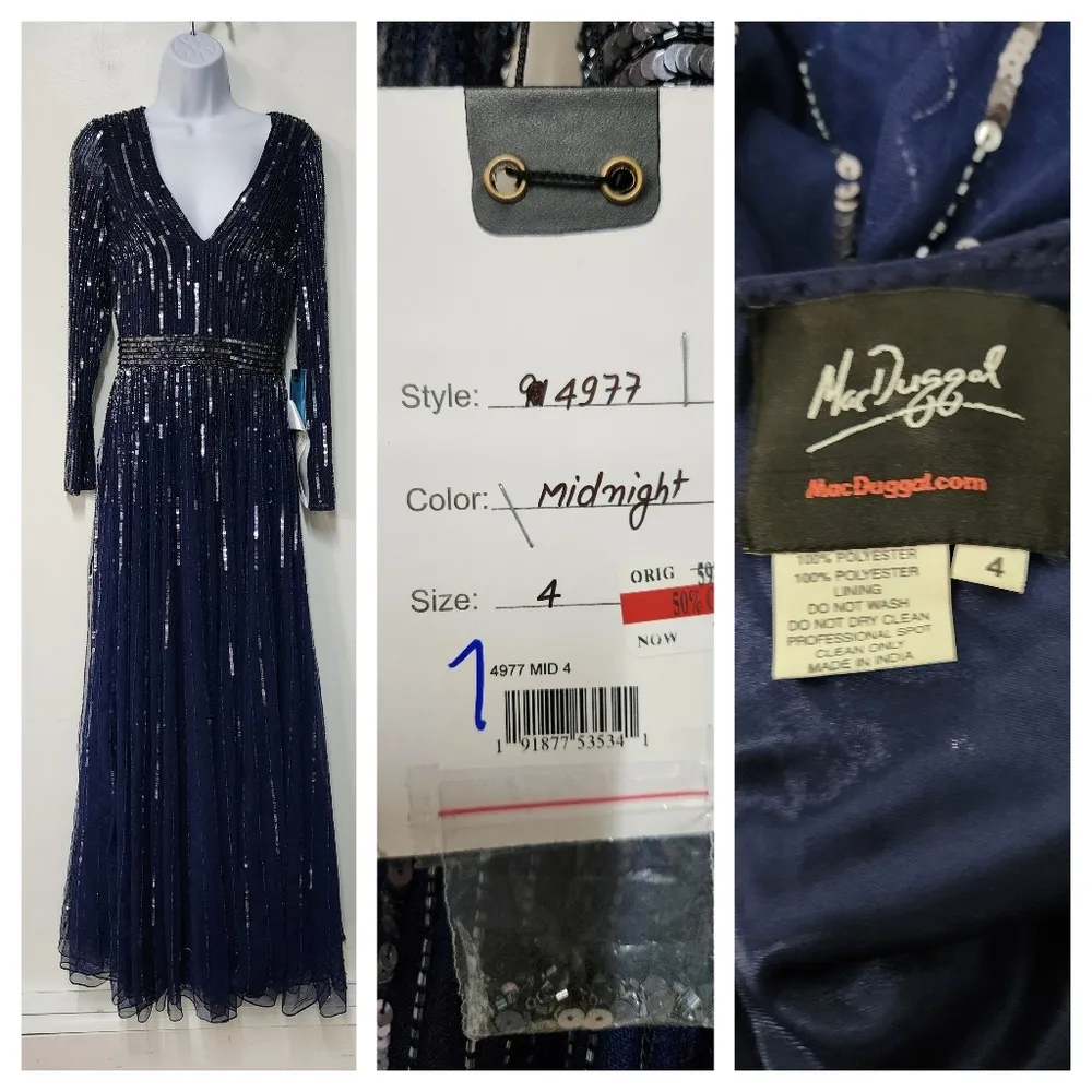 MAC DUGGAL SEQUINED V NECK ILLUSION SLEEVE A LINE GOWN Size 4 - Image 5