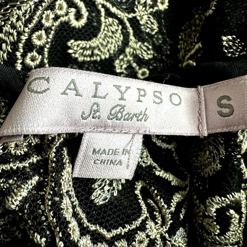 Calypso St Barth Cami Top Embroidered Sheer Scoop Neck Flowy Black Gold Small - Image 2