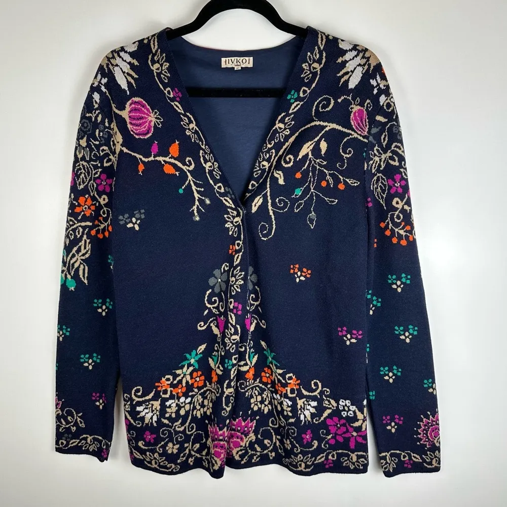 IVKO Intarsia Velvet Snap Front Cardigan Blue Size 12 - Image 3