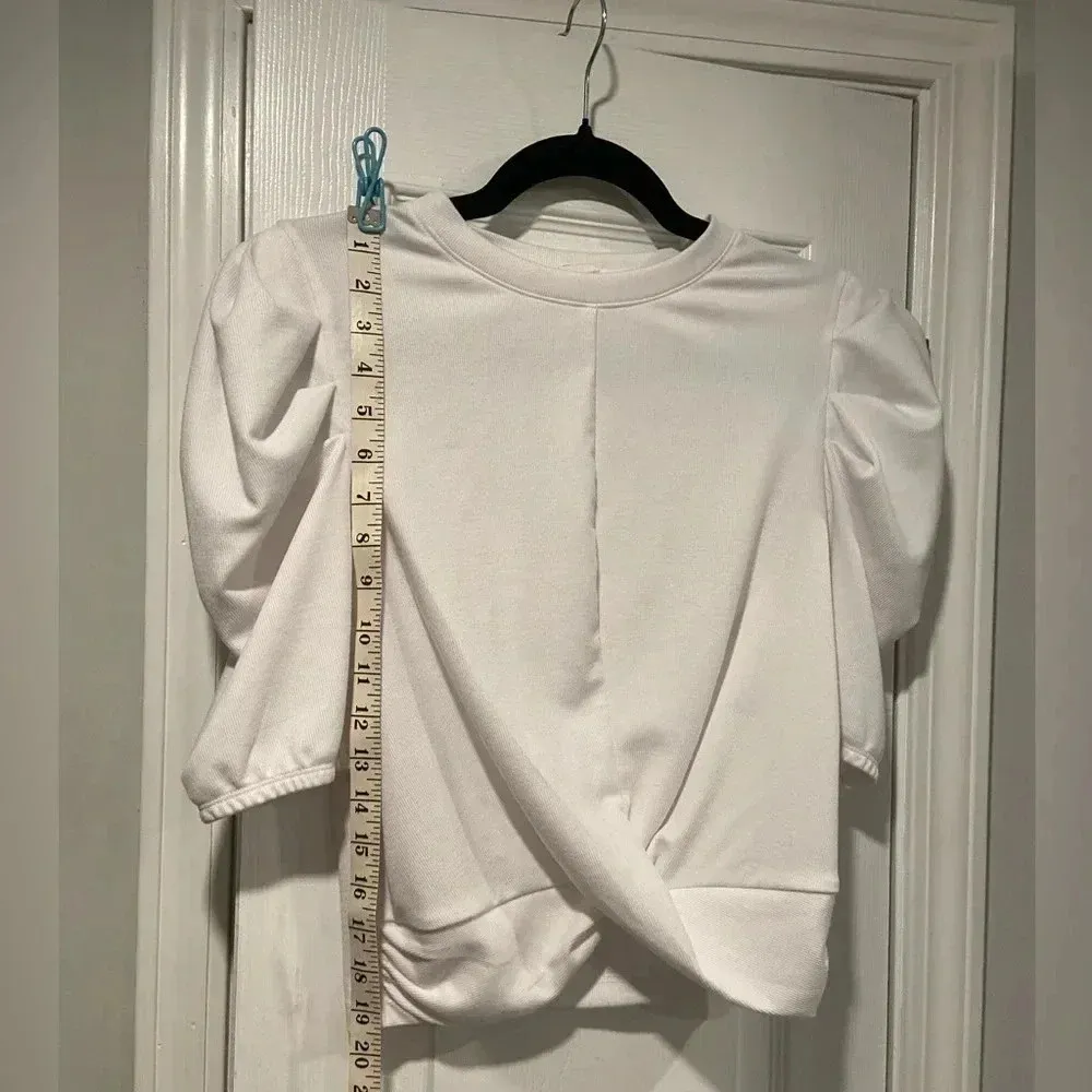 Melrose and Market White Ribbed Puff Sleeve Twist Front Stretch Crop Top Size S - Image 5