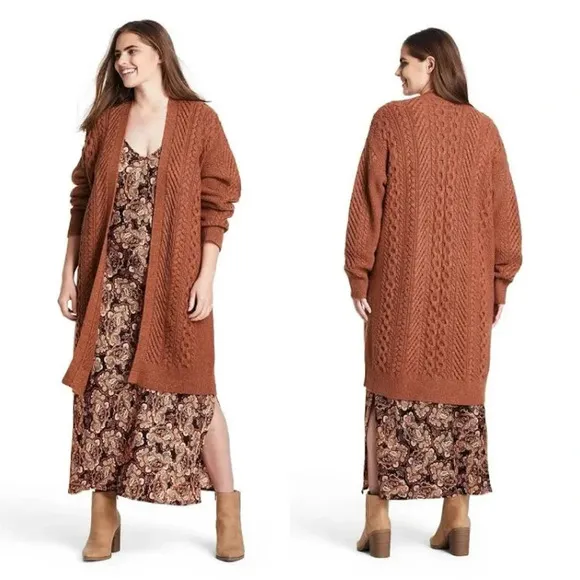 Nili Lotan X Target Cableknit Longline Cardigan Sweater Wool Blend Chunky Brown Size L - Image 2
