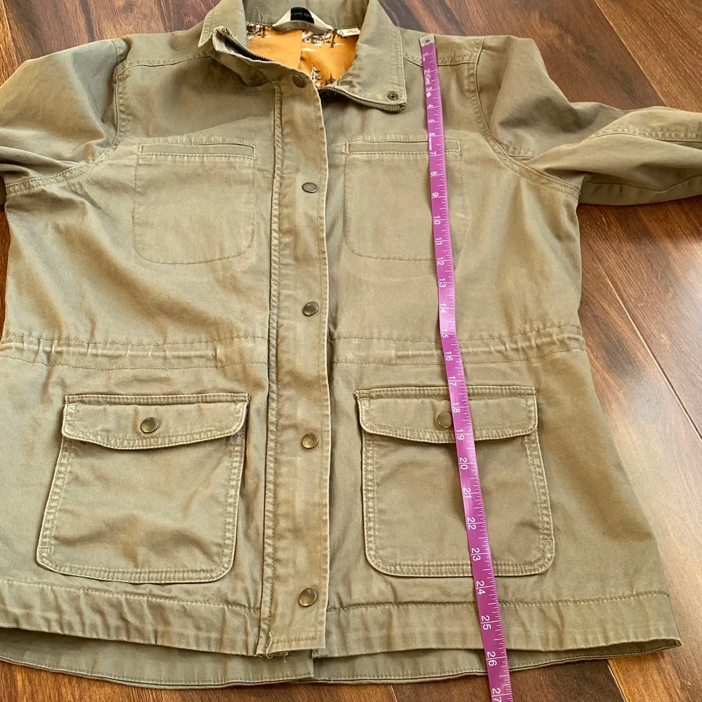 LL Bean Classic Flannel Lined Utility Jacket Olive Cotton Drawstring Waist Size M - Image 8