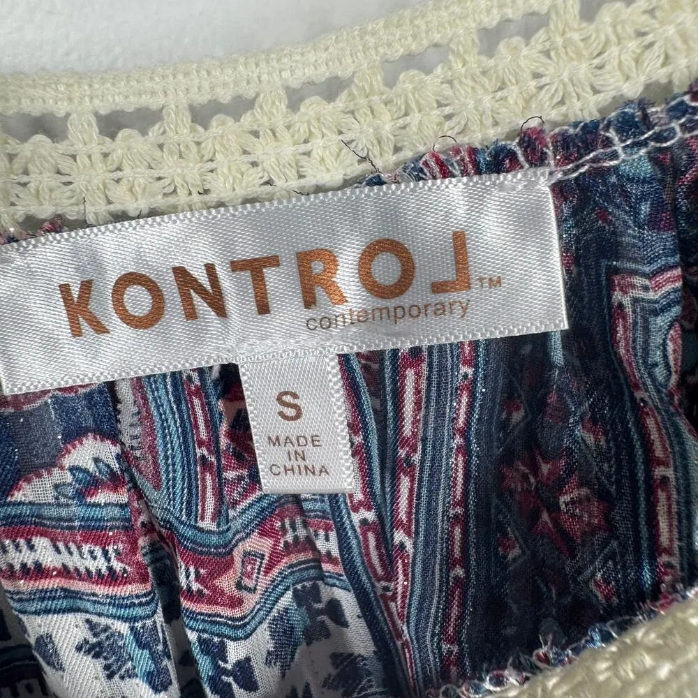 KontroL Top Women S Blue Pink Metallic Details Sparkle Lace Empire Boho Cottage - Image 4