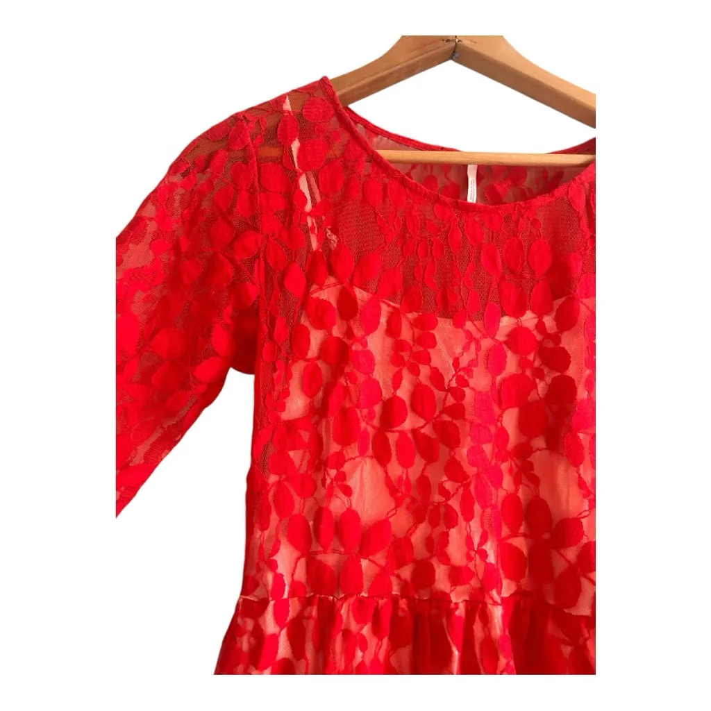 FREE PEOPLE Red Mesh Floral Lace Overlay Dress Size 4 - Image 7