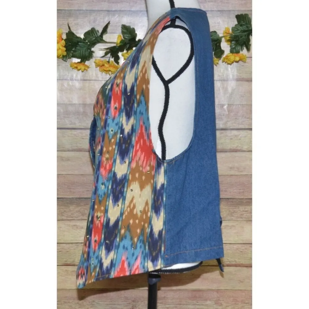 Vintage Denim Southwest Print Vest Rhinestone Accents USA Made Ladies L Western - Image 4