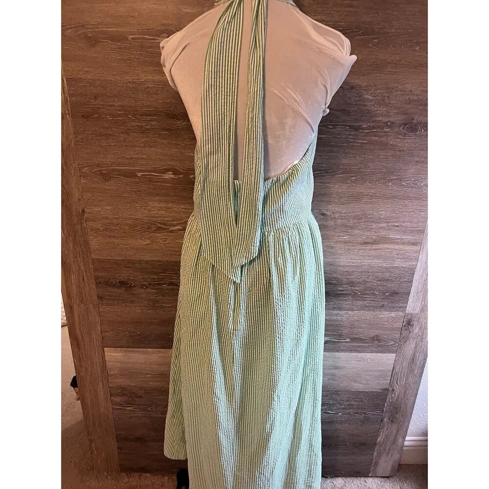 J. Crew Sz 6 Seersucker Stripped Green Open Tie Back Tank Maxi Dress Preppy - Image 2