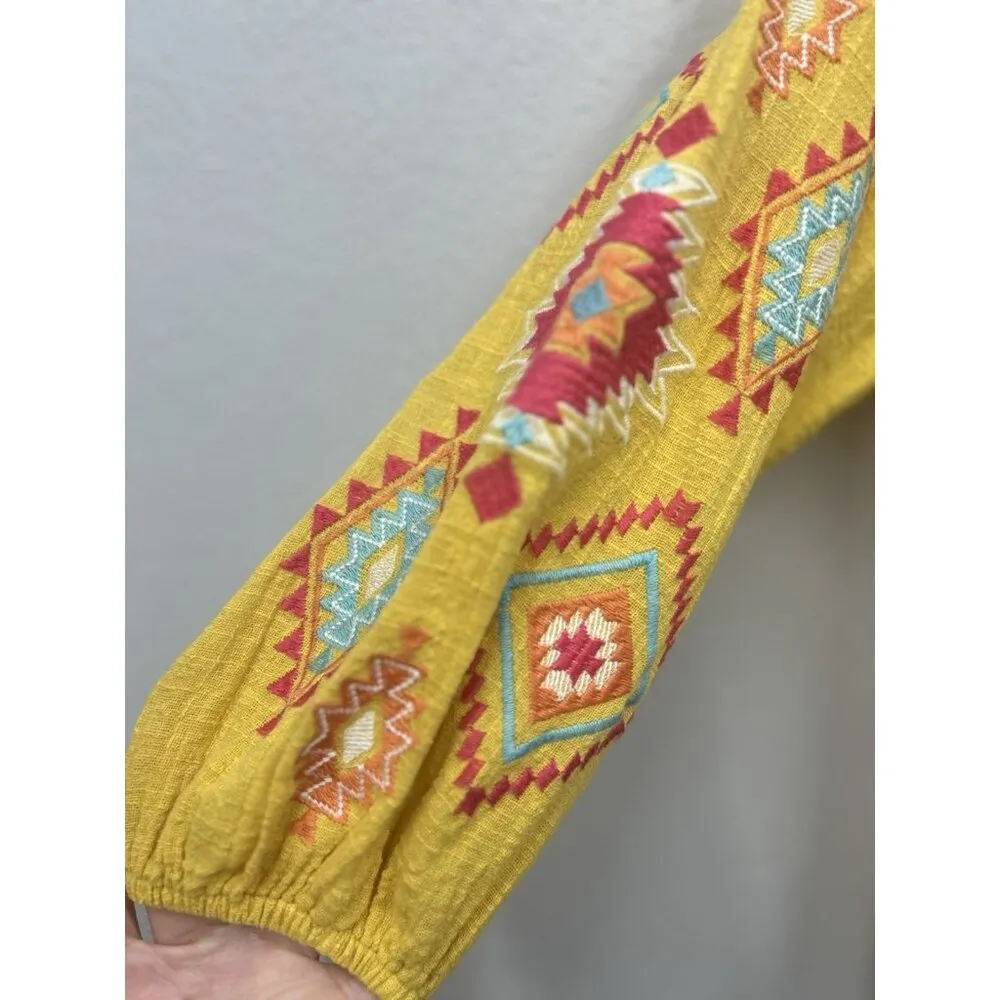 Savanna Jane Embroidered Floral Print Peasant Top Size Small V Neck Blouse Gold - Image 3