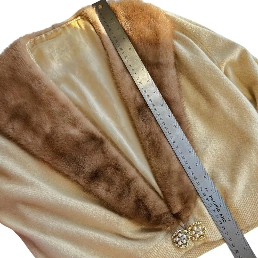 Vintage 60's HADLEY Cashmere Sweater with Mink Fur Collar & Rhinestone Accents Tan Size M - Image 15