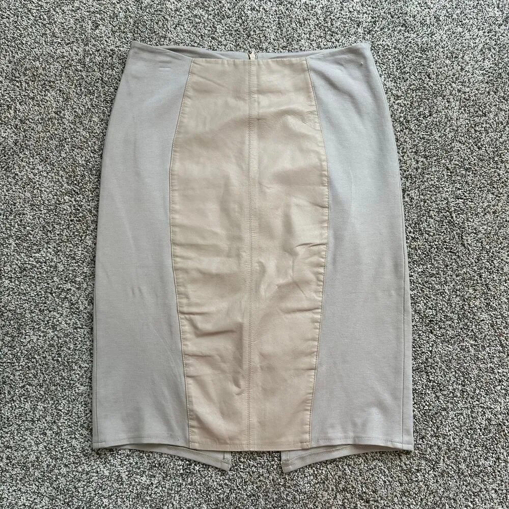 Neiman Marcus khaki leather panel pencil skirt size M - Image 2