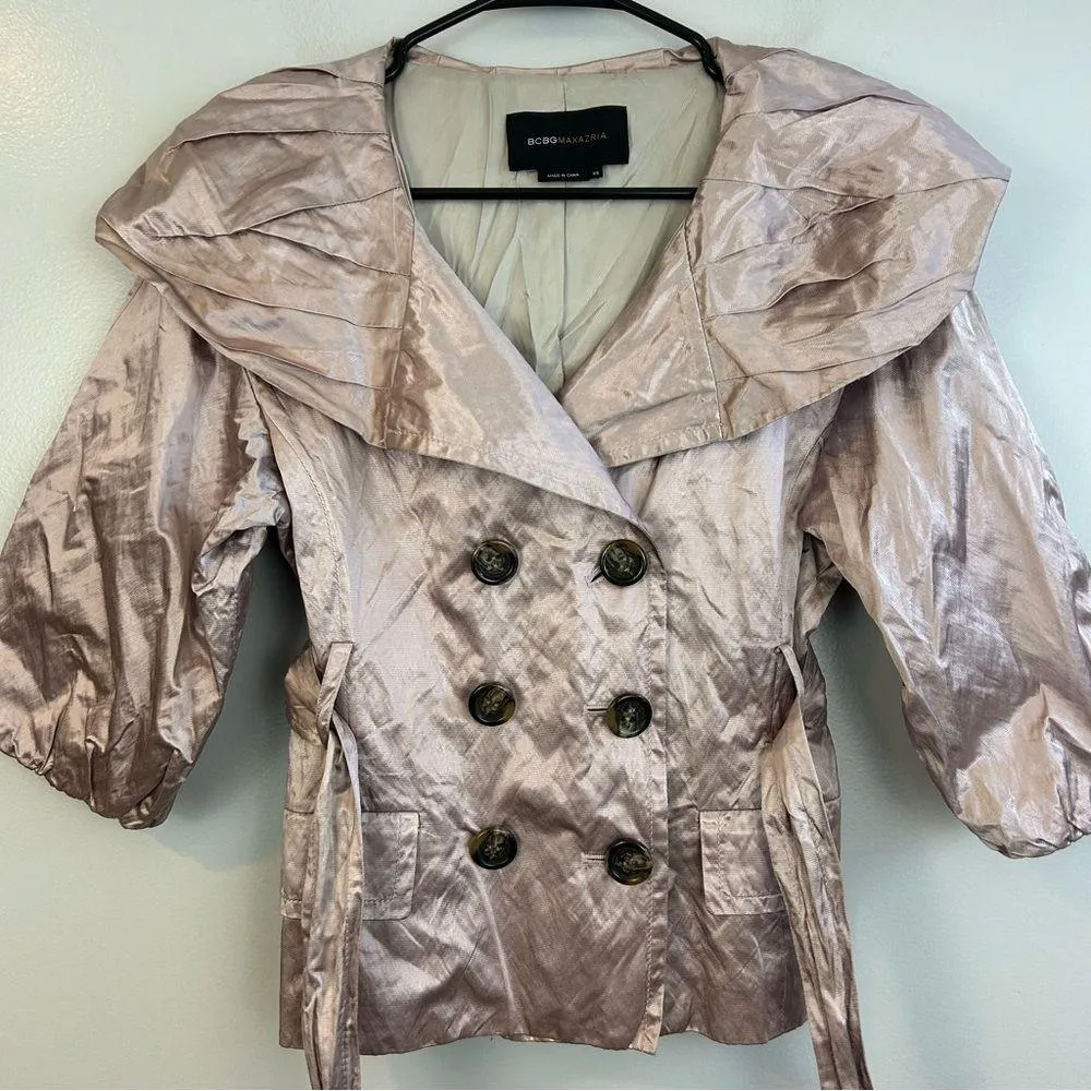 BCBGMaxAzaria Metallic Pink Double Breasted Belted Peplum Jacket XS - Image 4