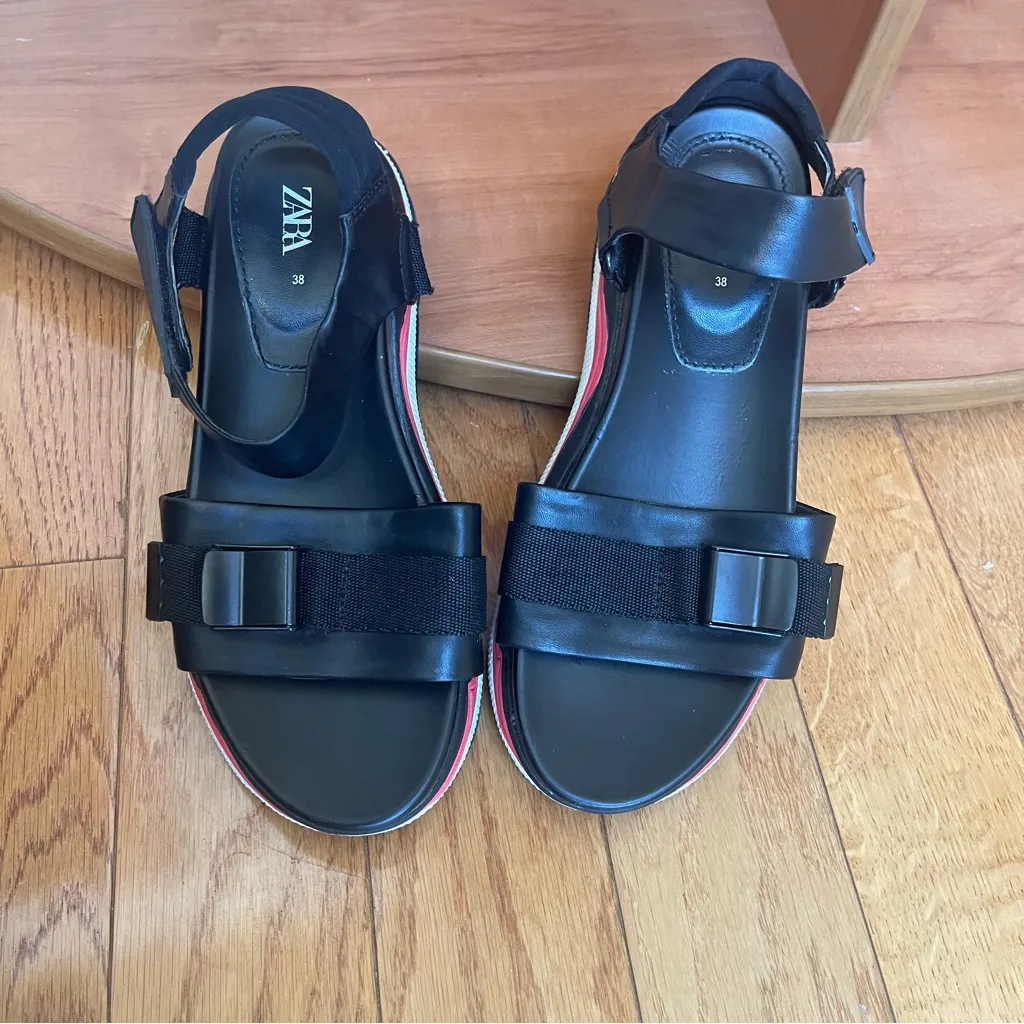 Zara Black Platform Sport Sandals with White & Red Sole - Size 38 (US 7.5) - Image 3