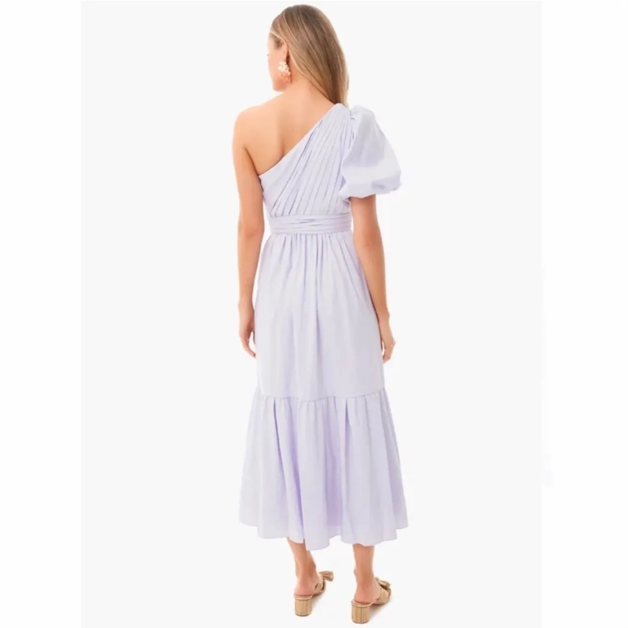 Self‎ Portrait Lilac One Shoulder Midi Dress Sz 10 Pleated Tiered Wedding Pastel Purple - Image 11