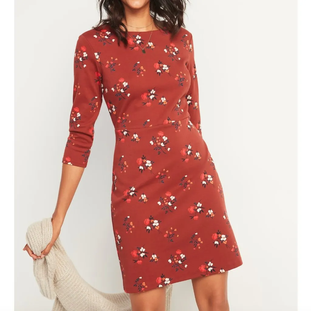 OLD NAVY Floral Ponte Knit Sheath Dress Rust Terracotta Red / Brown 3/4 Sleeve M - Image 4