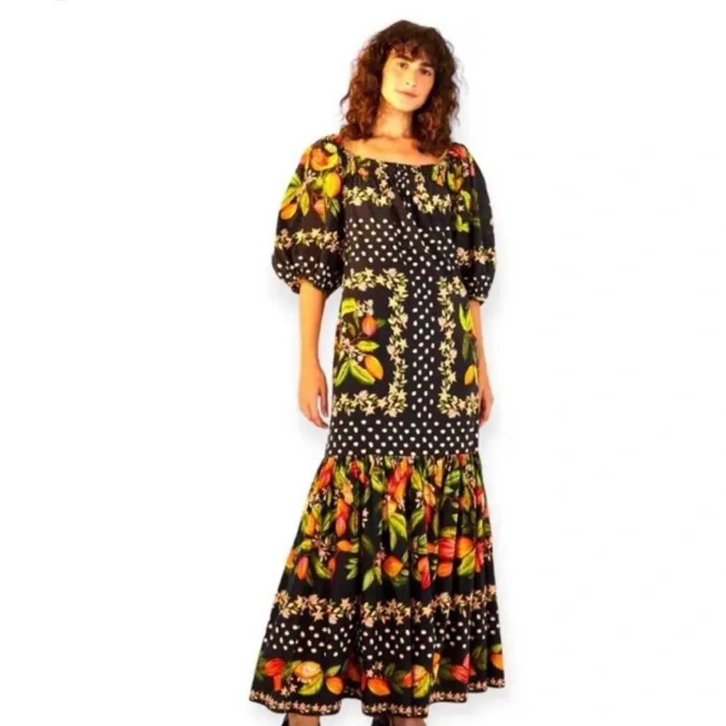 FARM RIO Cocoa Paradise Puff Sleeve Maxi Dress Tropical Fruit Black size Medium - Image 8