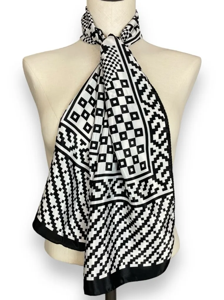 Vintage Scarf Geometric Black White Long Polyester Rectangular 80s Funky Bold - Image 1