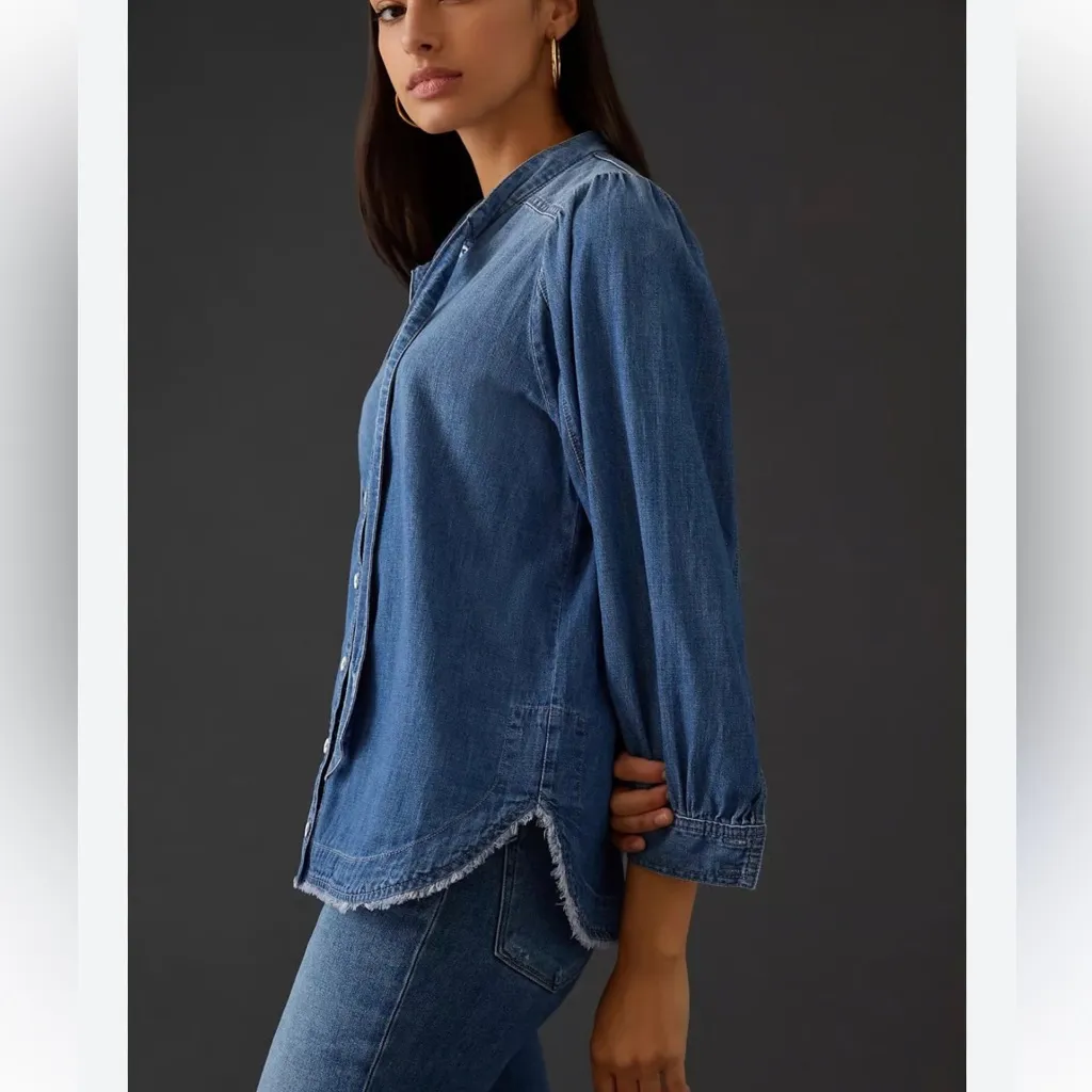 Pilcro Anthropologie Top Women XS Tie Front Neck Denim Button Fray Hem - Image 2