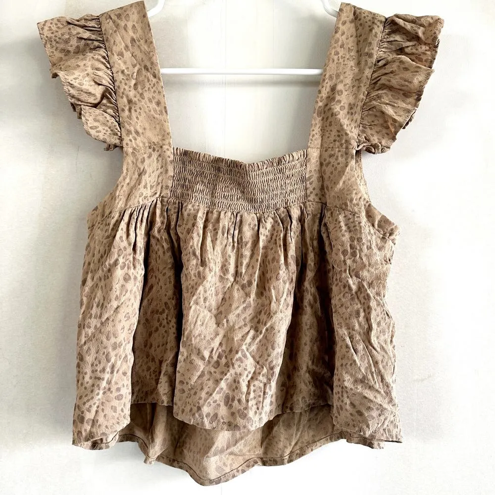WAYF Crop Top Animal Print Ruffle Sleeves Square Neck Button Front Brown Small - Image 5