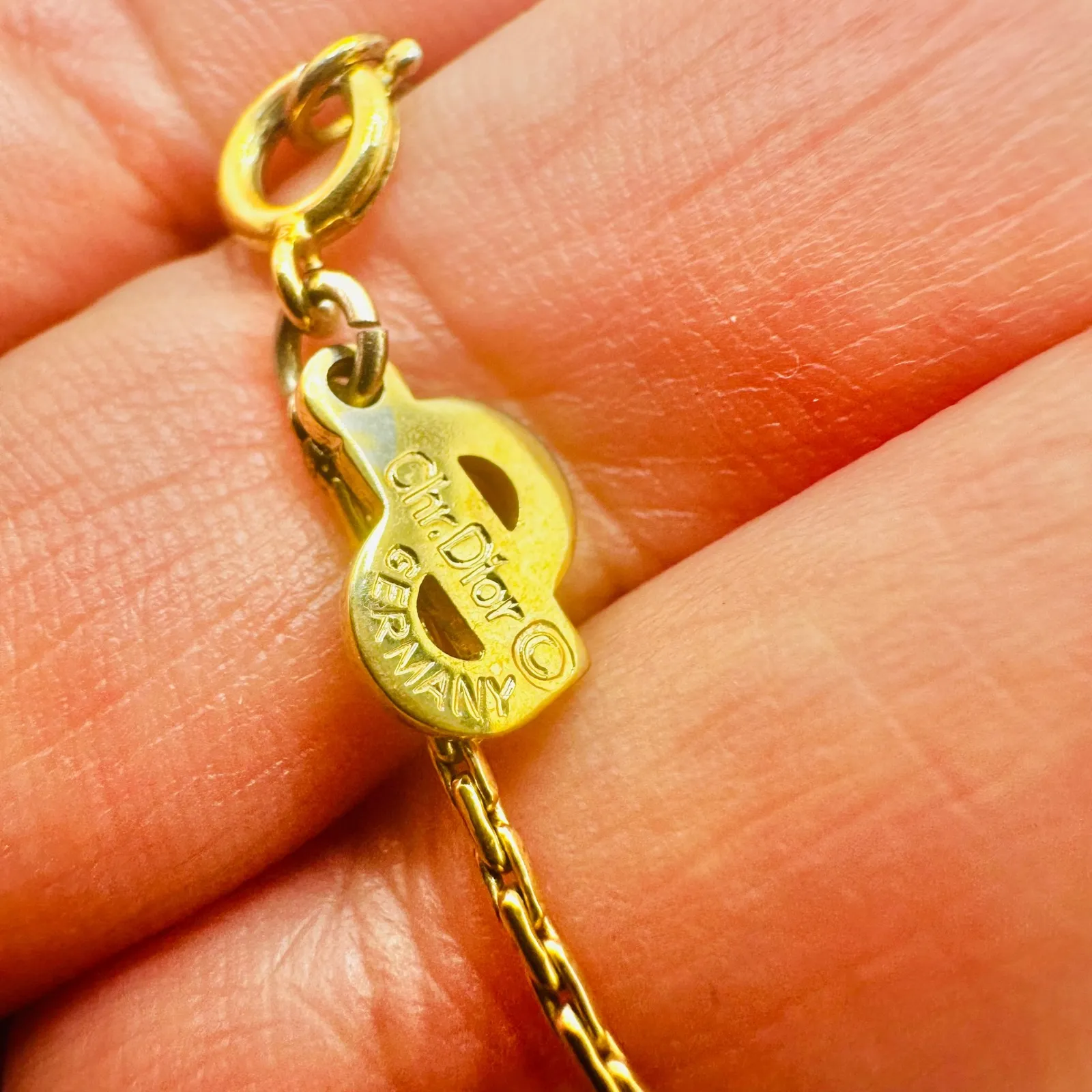 Vintage Christian Dior Gold Rhinestone Pendant Necklace Germany CD Logo - Image 4