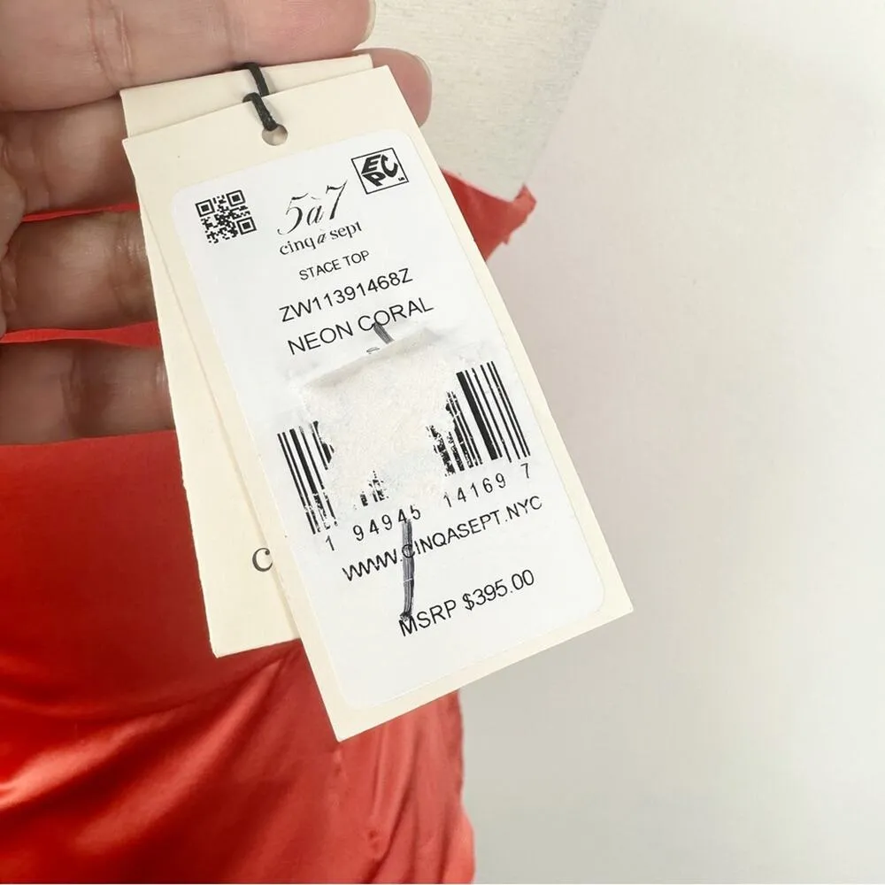 NWT Cinq a Sept Stace One-Shoulder Silk Blouse in Neon Coral Size Small - Image 5
