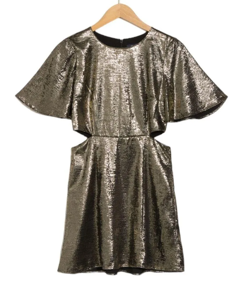 French Connection Alara Metallic Flutter Sleeve Cutout Minidress Gold Size 2 NWT - Image 3