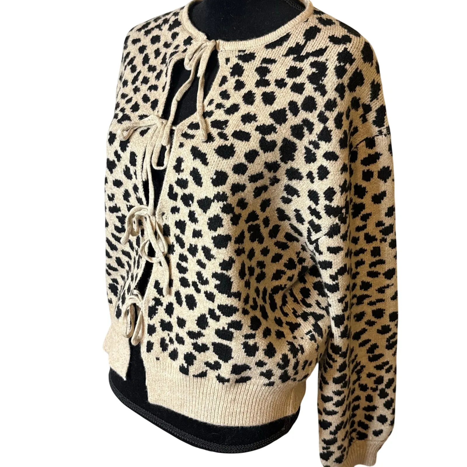 Sunday Edition Leopard Print Tie Front Cardigan Size L Coquette Bow Knit Tan Size L - Image 4